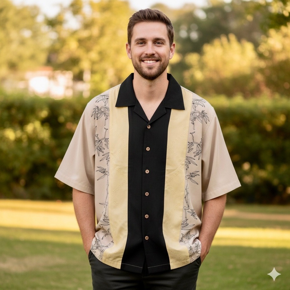 BOHIO Mens Large Camp Shirt Bamboo Print Silk Cotton Blend Button‎ Up Resort